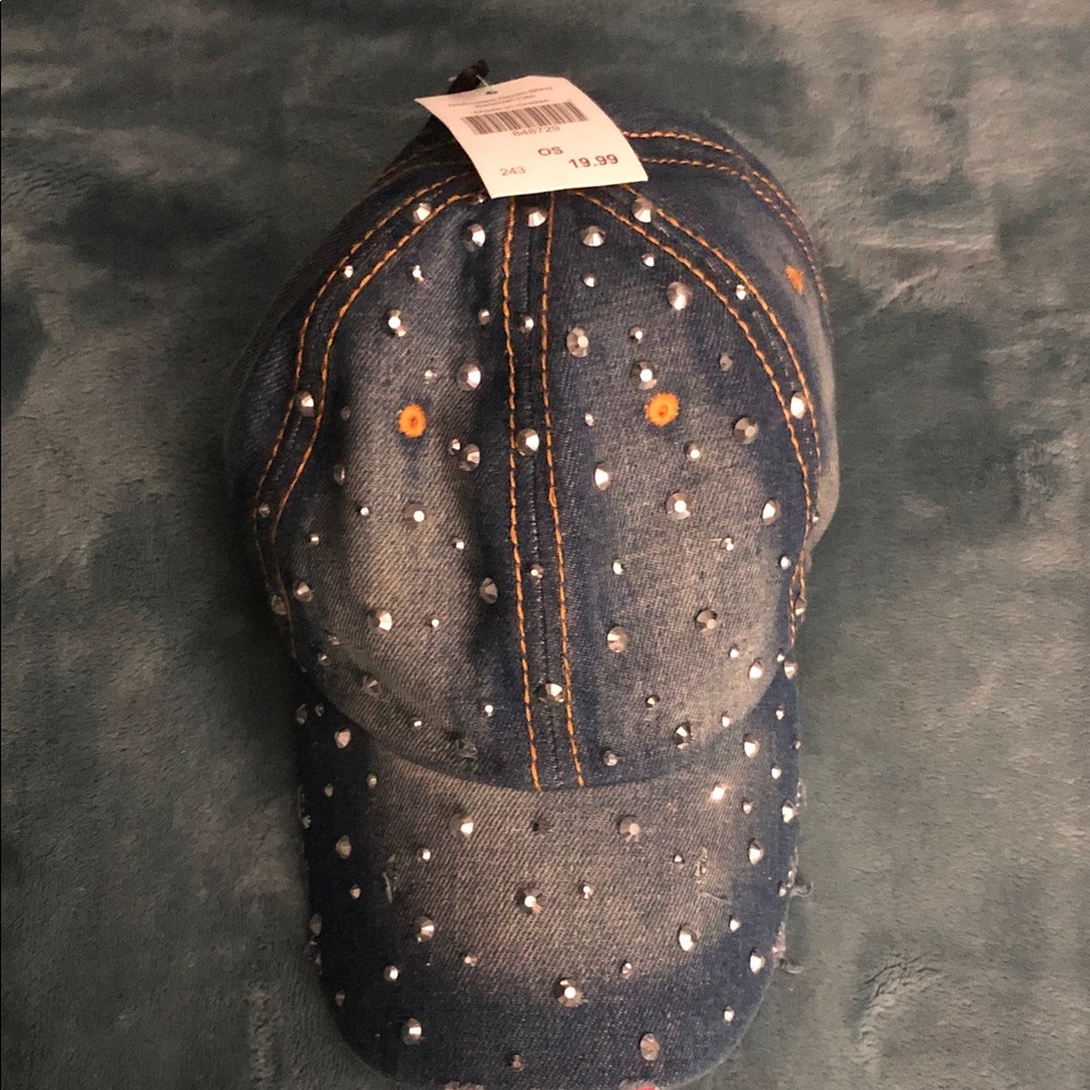 Embellished Distressed Denim Baseball Cap - Blue